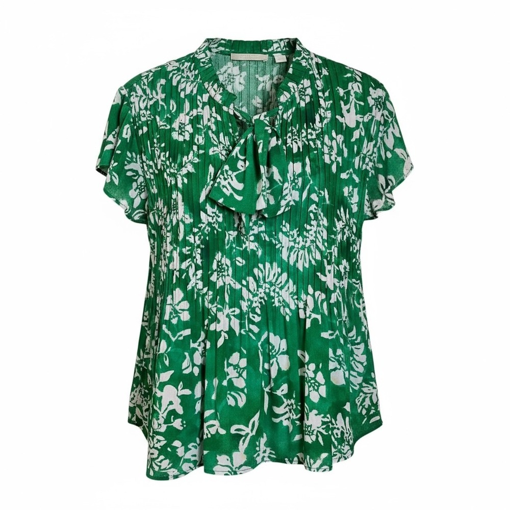 Sunny Leigh Green Floral Pleated Tie Neck Short Sleeve Blouse Top S